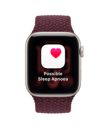 Apple Watch SE 3, screen shows possible sleep apnoea notification, aluminium case, starlight colour, right side exterior, Digital Crown dial, connected to Braided Sport Loop band, burgundy colour