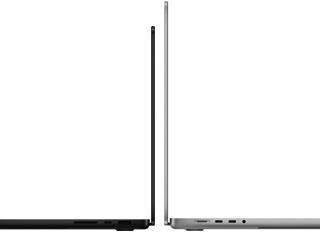MacBook Pro 14-инчов и 16-инчов, разположени гръб до гръб, показващи разлика в размера и подчертаващи тесния профил