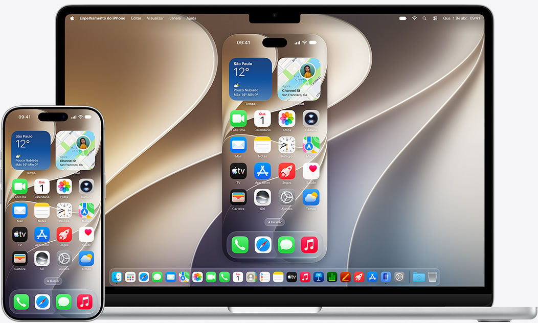 Modelos de iPhone e MacBook mostrados lado a lado, demonstrando o efeito de espelhamento no MacBook, com uma imagem de fundo genérica