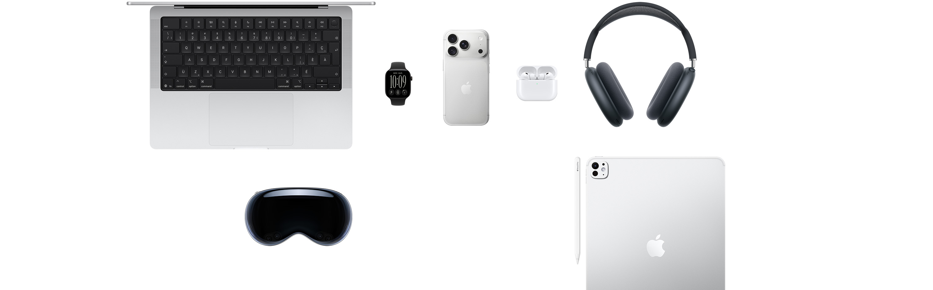 Plusieurs produits Apple, dont un MacBook Pro, une Apple Watch Series 12, un iPhone 18 Pro, des AirPods Pro 3, des AirPods Max, un Apple Vision Pro, un Apple Pencil Pro et un iPad Pro
