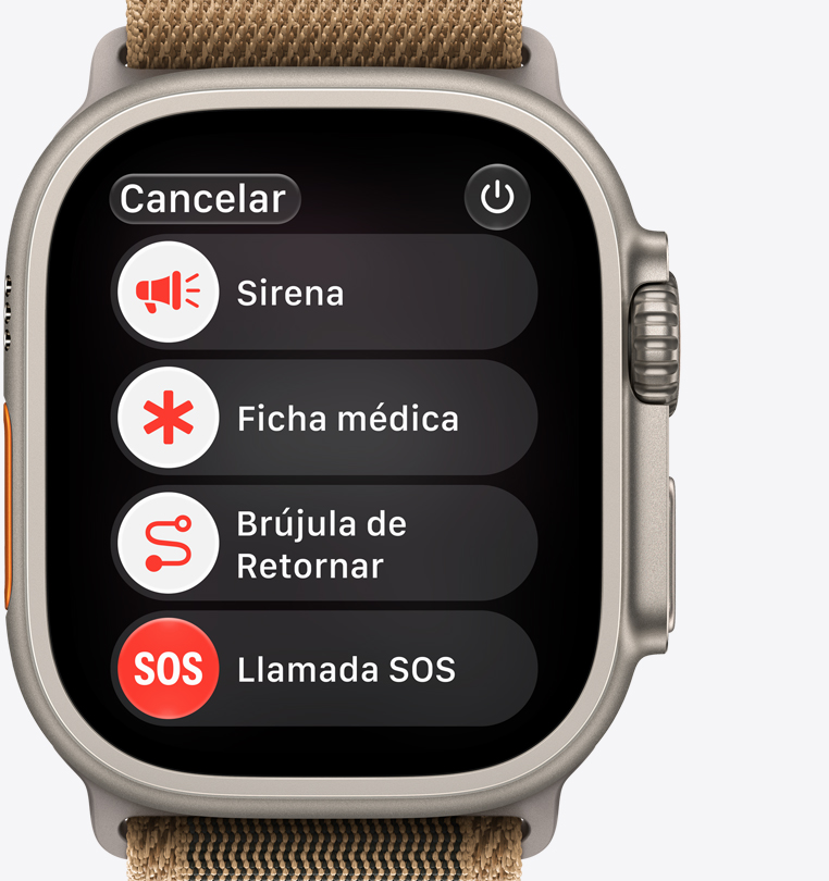 Apple Watch Ultra 4, caja de titanio, negro, opciones de ayuda ante una emergencia en pantalla: Ficha Médica, Brújula de Retornar, llamada de emergencia
