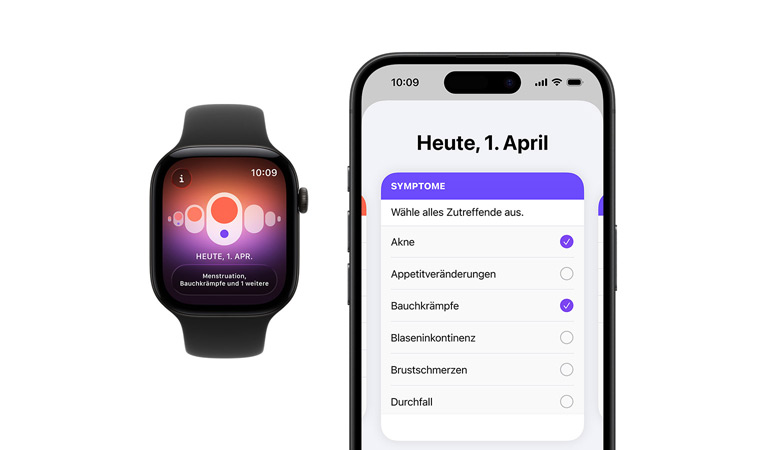 Apple Watch Series 11, Aluminiumgehäuse, Farbe poliertes Diamantschwarz, Sportarmband, Farbe Schwarz, Zyklusprotokoll App, Auswahl für tägliche Symptome auf gekoppeltem iPhone geöffnet
