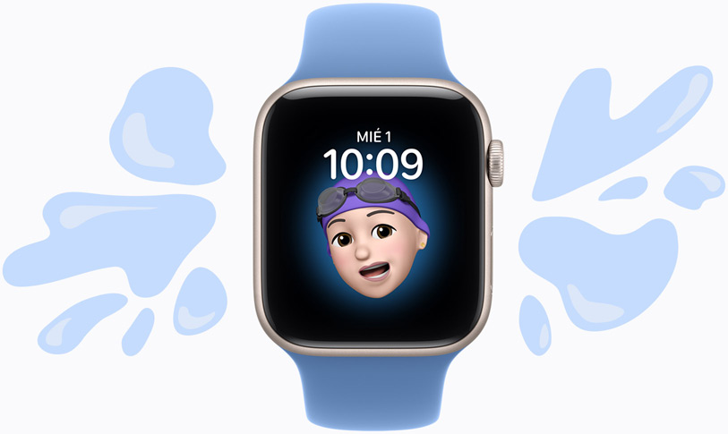 Apple Watch SE 3, caja de aluminio, color blanco estrella, esfera Memoji, ilustración de salpicaduras de agua que rebotan en el dispositivo resistente al agua, correa deportiva, color azul silvestre
