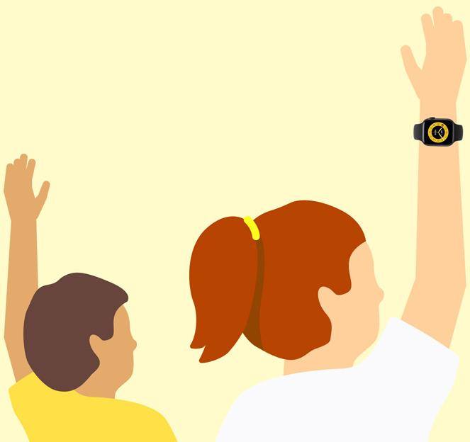 Ilustración de una niña que lleva un Apple Watch SE 3 y levanta la mano en clase