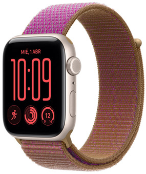 Apple Watch SE 3, caja de aluminio, color blanco estrella, lateral derecho, corona Digital Crown, micrófono, botón lateral, con correa Loop deportiva, color magenta, cierre adhesivo ajustable
