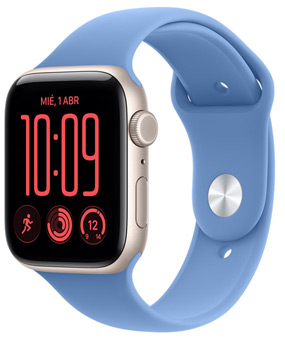 Apple Watch SE 3, caja de aluminio, color blanco estrella, lateral derecho, corona Digital Crown, micrófono, botón lateral, con correa deportiva, color azul silvestre (azul empolvado), cierre de clip (clip plateado)