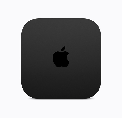 Apple TV 4K, musta, ylhäältä kuvattuna, kiiltävä musta Apple TV ‑logo 
