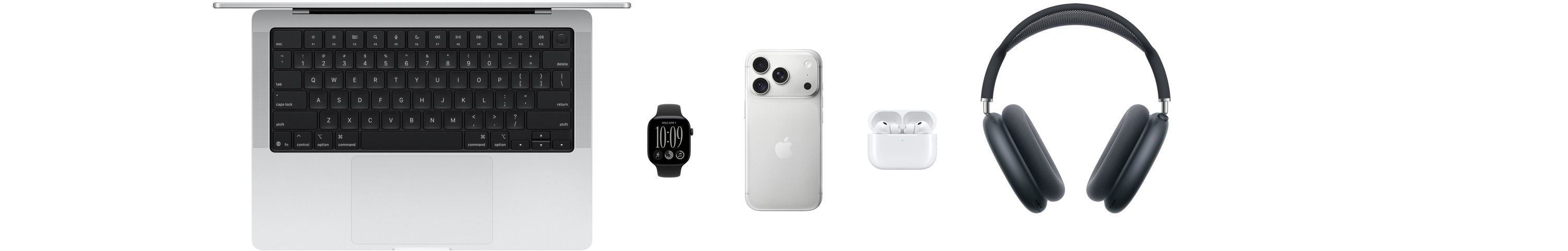 Erilaisia Apple-tuotteita, mukaan lukien MacBook, Apple Watch Series 11, iPhone 17 Pro, AirPods Pro 3 ja AirPods Max.