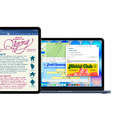 iPadin näytöllä on Goodnotes, Macin näytöllä on useita samanaikaisesti käytössä olevia appeja