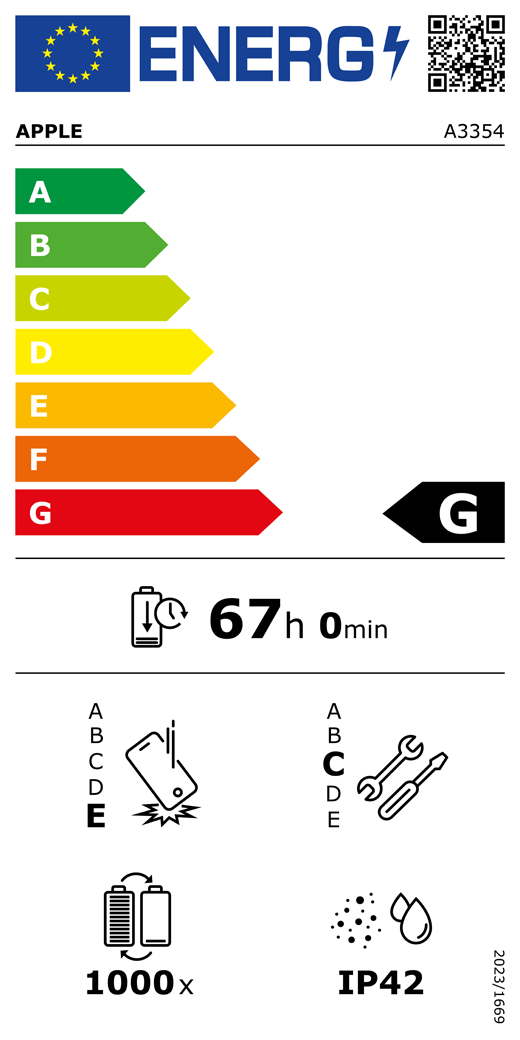 EU:n energiamerkinnän QR-koodi ja tiedot, Applen malli A3354, luokka G, energiatehokkuusluokat (asteikolla A–G), A (tehokkain) – G (vähiten tehokas), akun kestoaika lataussykliä kohti, 67 tuntia ja 0 minuuttia akun täyttä latausta kohti, toistuvien vapaapudotusten kestävyysluokka E, A (kestävin) – E (vähiten kestävä), korjattavuusluokka C, A (parhaiten korjattavissa) – E (vähiten korjattavissa), akun kesto käyttösykleinä: 1000, pöly- ja vesitiiviyden kotelointiluokka IP42, asetus 2023/1669