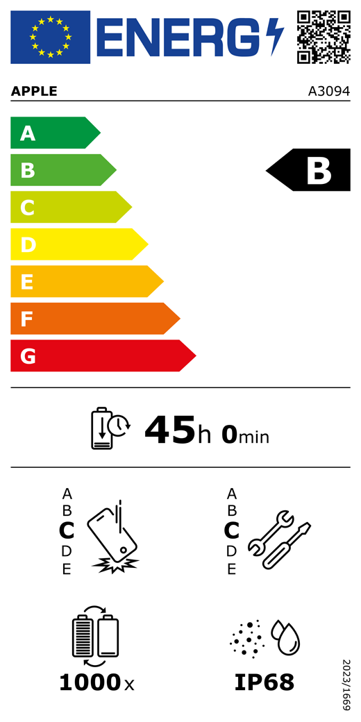 EU-energimærke, QR-kode og information, Apple-model A3094, klasse B, energieffektivitetsklasser (med en skala fra A til G), A (mest effektiv) til G (mindst effektiv), batteriholdbarhed pr. cyklus: 45 timer og 0 minutter pr. fuld batteriopladning, klasse C for holdbarhed ved gentagne frie fald, A (mest robust) til E (mindst robust), klasse C for reparerbarhed, A (mest reparerbar) til E (mindst reparerbar), batteriholdbarhed på 1000 cyklusser, IP-klassificering for støv- og vandbeskyttelse: IP68, forordning 2023/1669.