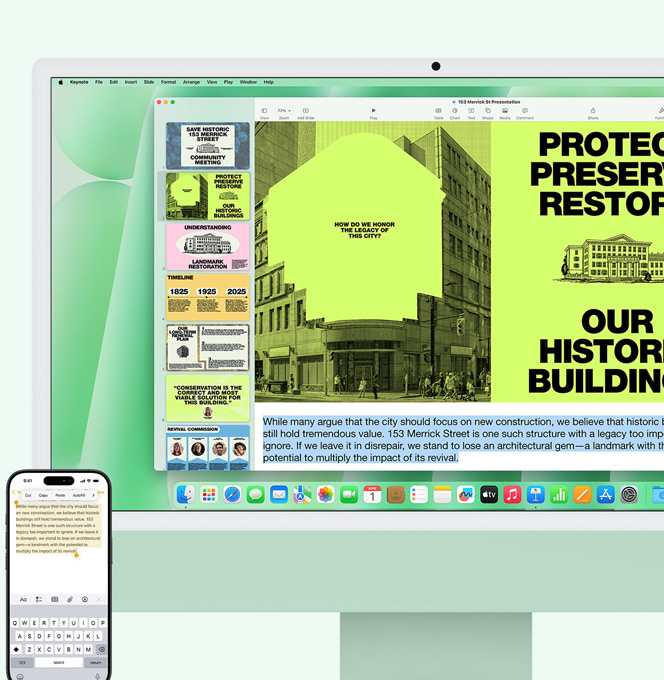 Un iMac verde accanto a un iPhone. Un paragrafo di testo nell’app Note sull’iPhone viene copiato e incollato sull’iMac.