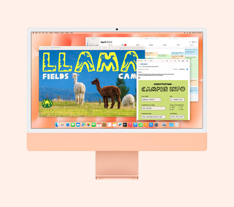 iMac arancione: lo schermo mostra le app Anteprima, Mail e Calendario