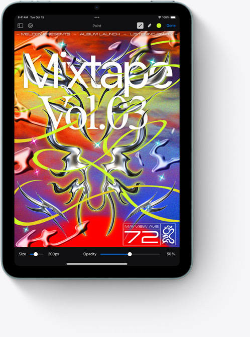 iPad mini na vertical com um ecrã colorido da app Adobe Photoshop.