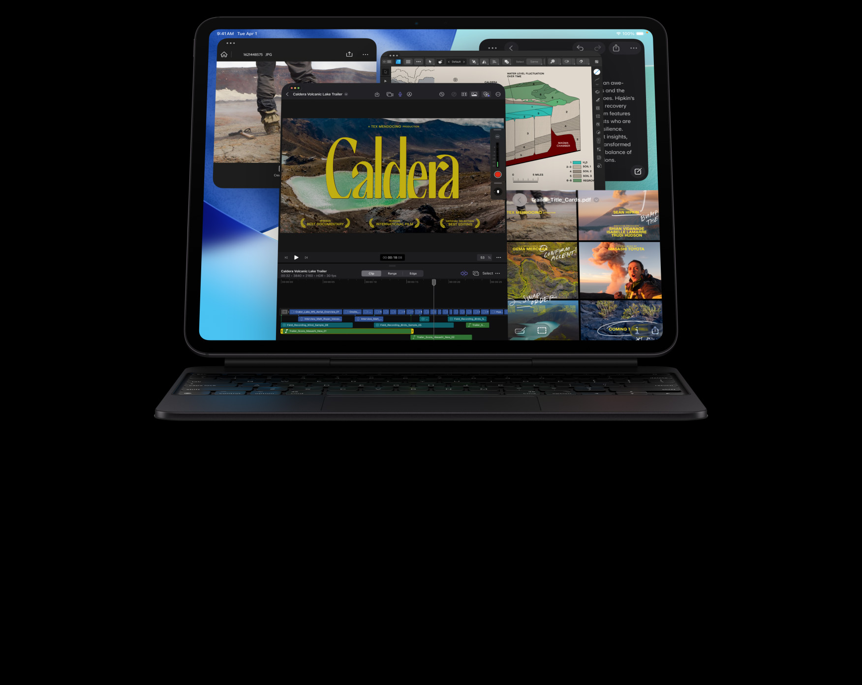 iPad Pro, etupuoli, vaakasuunnassa, tähtimusta väri, liitetty Magic Keyboardiin, tähtimusta, näytöllä on useita appi-ikkunoita: Final Cut Pro, jossa on useita videoeditointiominaisuuksia ja aikajana, Kartat, Muistiinpanot, mediaklippejä