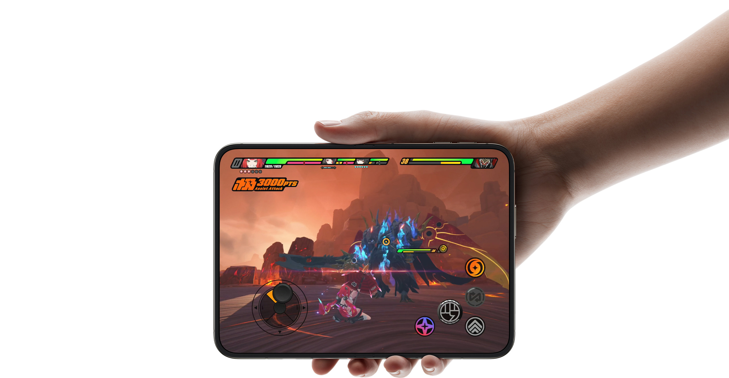 iPhone Duo aperto in orizzontale, dettaglio di un’app di editing AI sul display interno