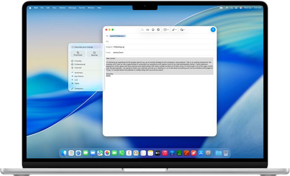 MacBook Airin näytöllä kirjoitetaan sähköpostiviestiä Apple Intelligencen kirjoitustyökaluilla