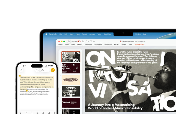 iPhone 16 Plus, jonka Muistiinpanot-apissa on korostettua tekstiä, MacBook Airin näytöllä avoinna PowerPoint-dia, jossa toistuu Muistiinpanot-apin teksti