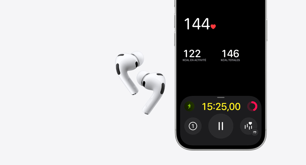 AirPods Pro 3, coloris blanc, partie inférieure de l’écran de l’iPhone 17 Pro, app Forme, fonctionnalité de détection de la fréquence cardiaque
