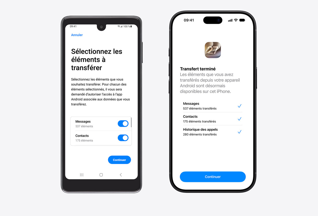 Android device on left, iPhone on right. Android device displays the Move to iOS App, with Select Items to Transfer heading and Messages, Contacts, and Call History Selected. iPhone screen shows Transfer Complete.