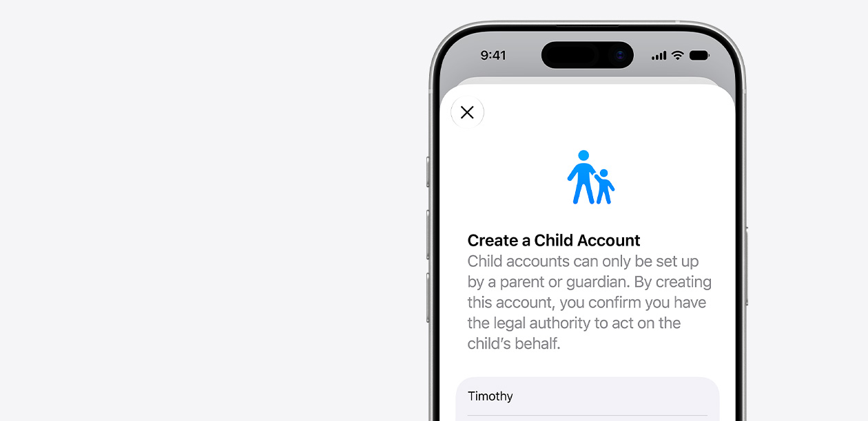 iPhone 螢幕展示兒童帳户的設定介面，兒童名稱欄位上方顯示成人牽著兒童的圖像。