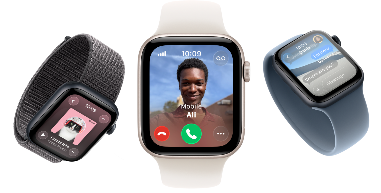 Uređaji Apple Watch SE 3, aluminijska kućišta, boje zvjezdano bijela i ponoćno crna, tamnosiva sportska narukvica, narukvica Solo Loop rumene boje, narukvica Solo Loop, plavičasto sive boje, zasloni: Apple Music, dolazni poziv, Poruke