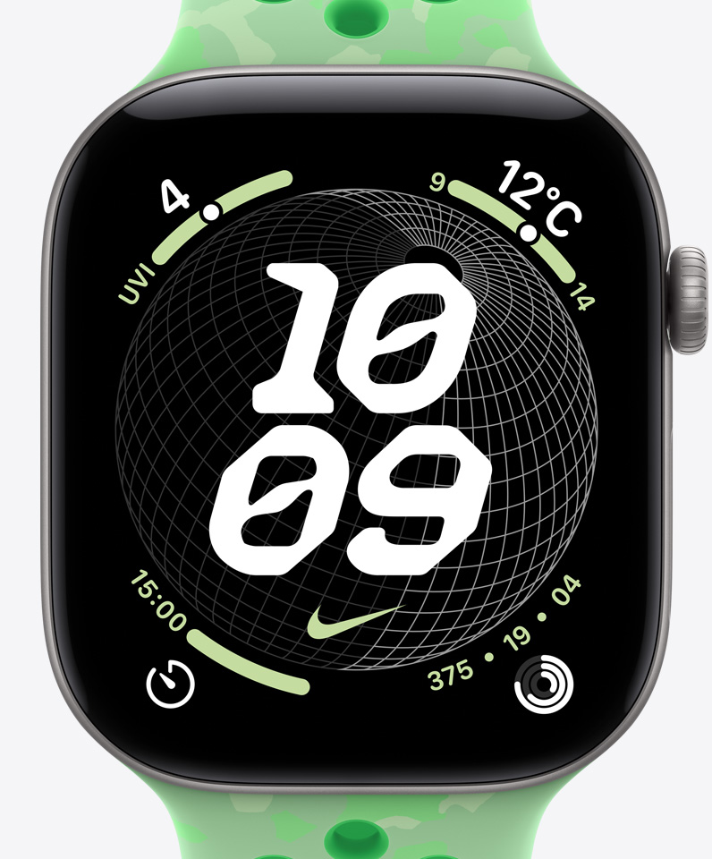 Nikeグローブの文字盤、時刻、Nikeスウッシュのロゴ。コンプリケーション：UV指数、天気、タイマー、アクティビティリング