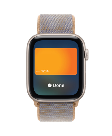 Apple Watch SE 3, aluminum case, starlight color, screen shows Wallet, payment card graphic, right side exterior, Digital Crown dial, Sport Loop band, chambray blue color (light blue-gray)