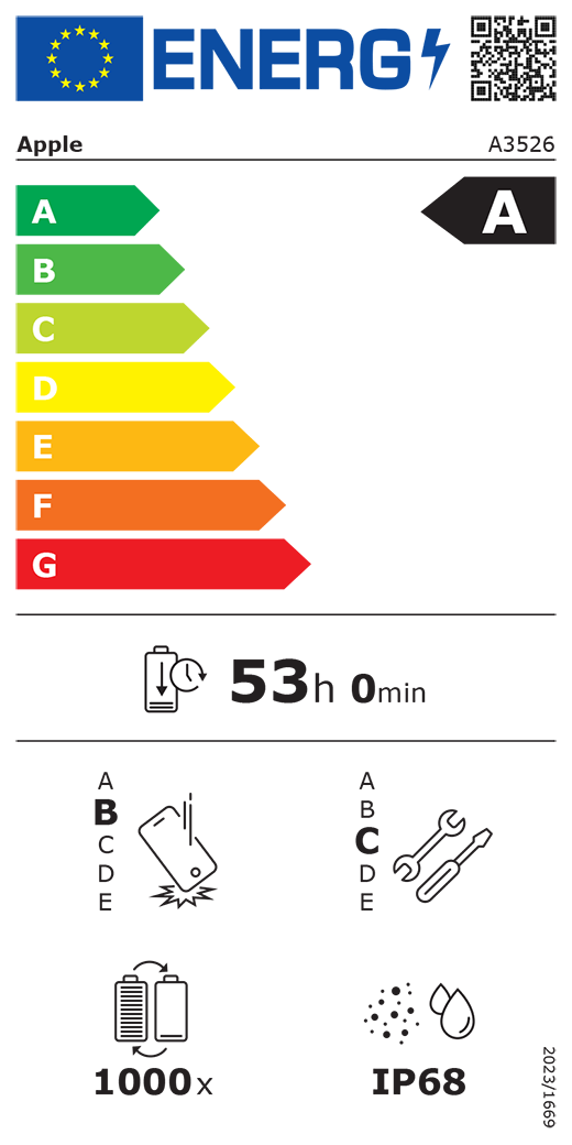 ES energomarķējuma QR kods un informācija, Apple modelis A3526, A klase, energoefektivitātes klases (sistēmā no A līdz G), no A (visefektīvākā) līdz G (visneefektīvākā), akumulatora izturība vienā ciklā, 53 stundas un 0 minūtes ar pilnībā uzlādētu akumulatoru, vairākkārtējas kritienizturības klase: B, no A (visizturīgākā) līdz E (visneizturīgākā), remontējamības klase: C, no A (visremontējamākā) līdz E (visneremontējamakā), akumulatora cikliskā izturība: 1000, korpusa aizsargātības pret putekļiem un ūdeni pakāpe (IP) IP68, Regula 2023/1669