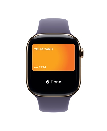 Apple Watch Series 11, gold color, titanium case, Apple Pay, right side exterior, Digital Crown, purple fog Sport Band