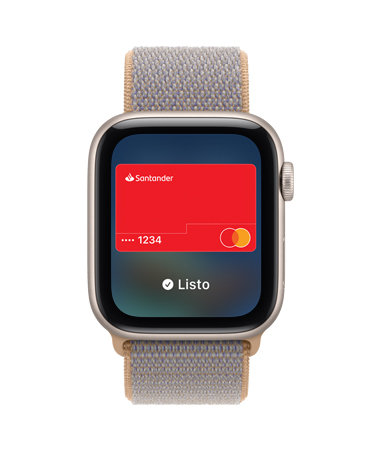 Apple Watch SE 3, caja de aluminio, color blanco estelar, la pantalla muestra la app Wallet, imagen de una tarjeta de pago, parte lateral derecha, Digital Crown, correa loop deportiva, azul cambray (gris azulado claro)