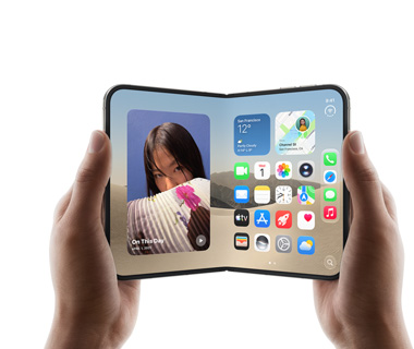 Two hands hold an open iPhone Duo, left screen displays a photo of a woman, right screen shows a home screen with various app icons, including Messages, Photos, Camera and App Store
