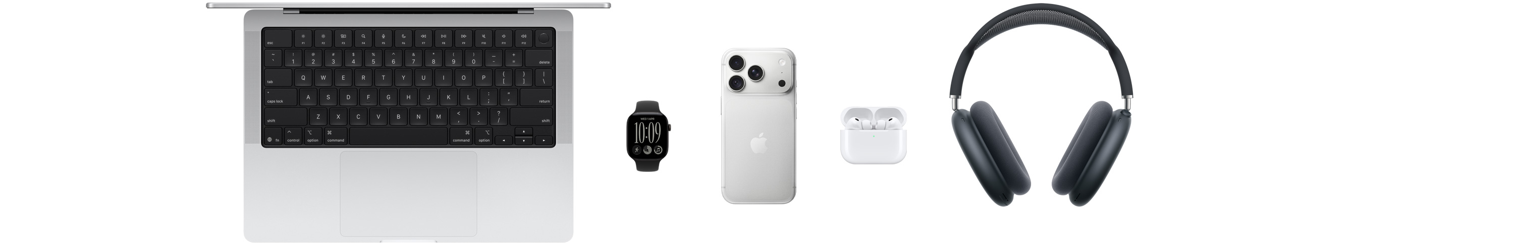 Various Apple products, including a MacBook, an Apple Watch Series 11, an iPhone 17 Pro, AirPods Pro 3 and AirPods Max