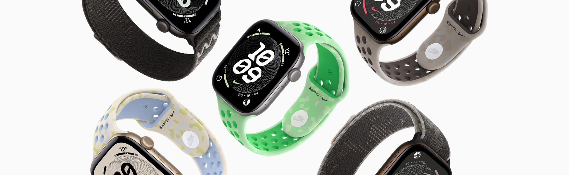 Urządzenia Apple Watch, różne paski i tarcze Nike.
