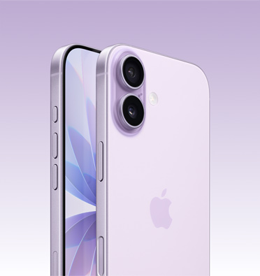 iPhone 17 w kolorze lawendy, widoczny jest fragment ekranu i bok urządzenia z przyciskiem czynności, przyciskiem regulacji głośności i przyciskiem bocznym. Widok z tyłu na zaawansowany system dwóch aparatów w lewym górnym rogu.