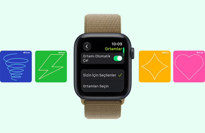 Apple Watch SE 3, alüminyum kasa, gece yarısı renk, Apple Music antrenman çalma listesi önerileri, kordon, Spor Loop, orman rengi