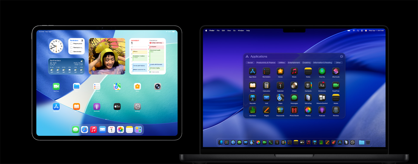 Bir iPad ve bir Mac ekranında çeşitli uygulama simgeleri gösteriliyor. iPad ekranında Takvim, Hava Durumu ve Fotoğraflar dahil olmak üzere çeşitli araç takımları gösteriliyor.