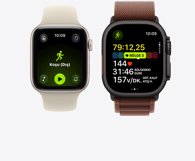 Apple Watch Series 12, alüminyum kasa, uçuk altın rengi, Apple Music oynatma kontrolleri ile Koşu (Dış) antrenmanı açık, Apple Watch Ultra 4, titanyum kasa, siyah renk, Koşu antrenmanı açık, 3. Bölgedeki kalp atış hızı