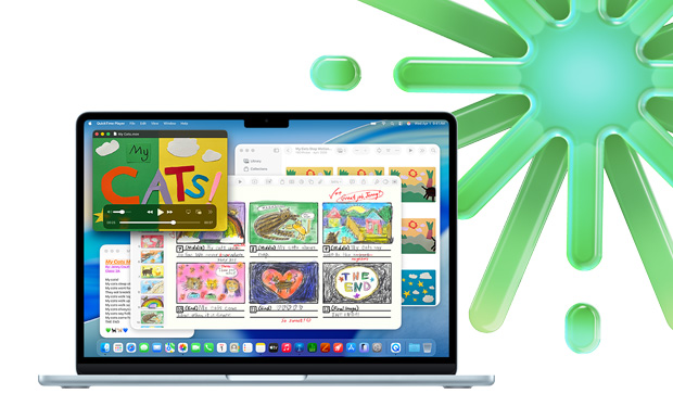 天藍色 MacBook，螢幕同時顯示 QuickTime、備忘錄、Keynote 和照片 app，透過多款 app 來展示多工處理能力