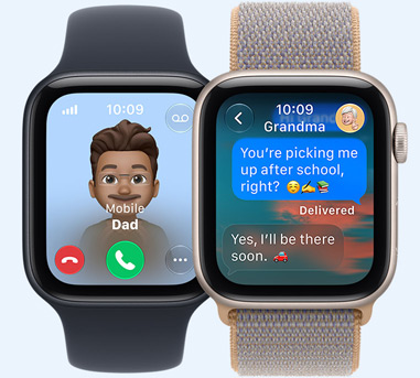 Apple Watch SE 3 devices, screens show incoming call from Dad, Messages with Grandma, connected to Sport Band, black colour, Sport Loop, chambray blue colour (light blue-grey)