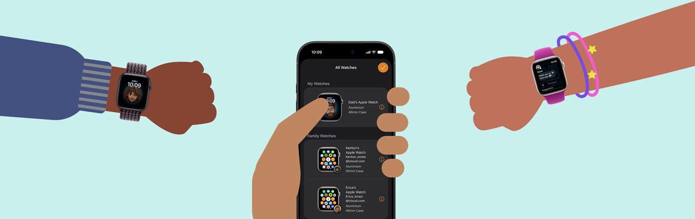 Illustration of two children’s wrists wearing Apple Watch SE 3, adult hand holding an iPhone device