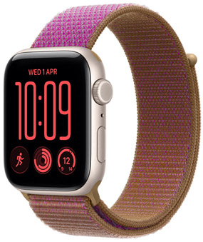 Apple Watch SE 3, aluminium case, starlight colour, right side exterior, Digital Crown dial, microphone, side button, connected to Sport Loop strap, magenta colour, hook-and-loop fastener