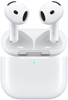 AirPods 5: color blanco, audífonos con forma oval, parte inferior pequeña, Estuche de Carga Inalámbrica, estructura uniforme con orificio para la bocina, indicador LED de encendido en la parte externa, abierto, con bisagra color plata