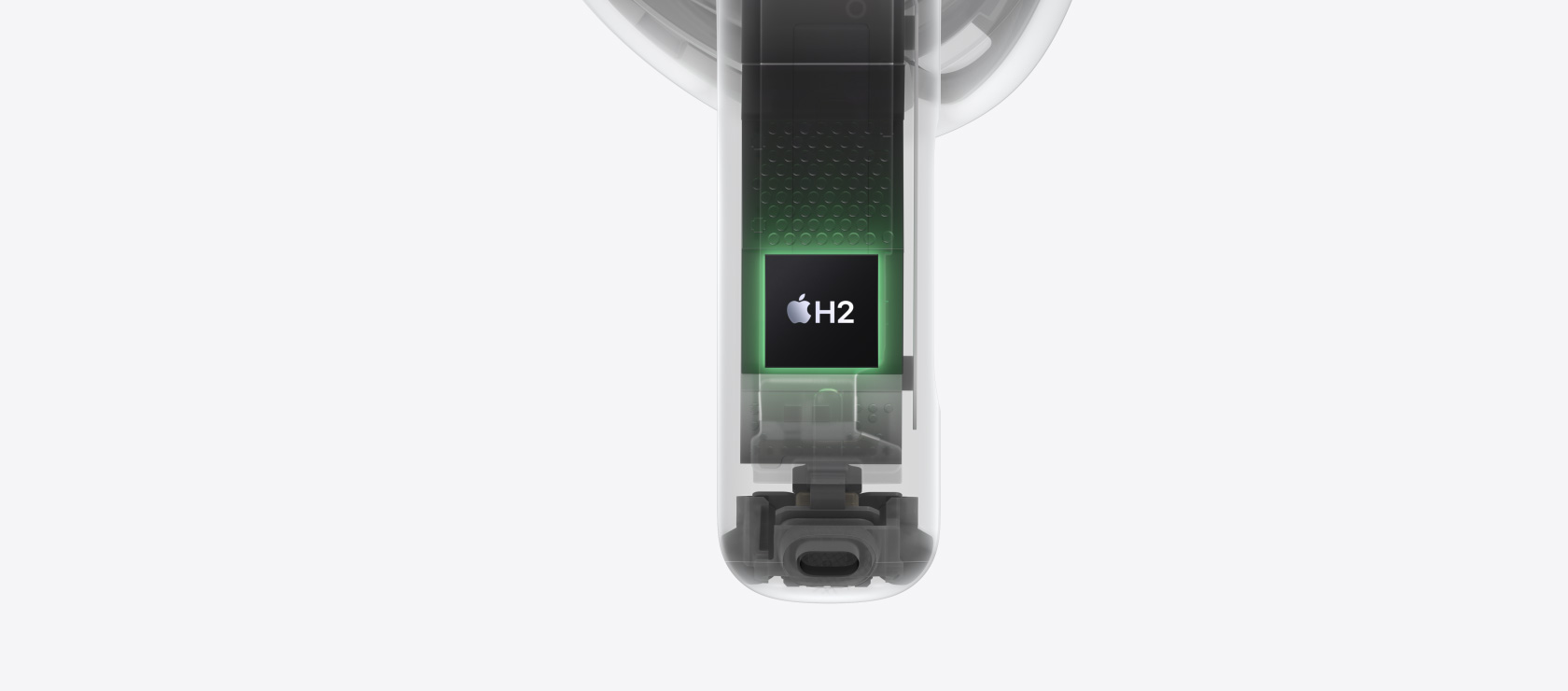 Arquitectura interna de uno de los AirPods 5, con el chip H2 resaltado en el interior de la parte inferior