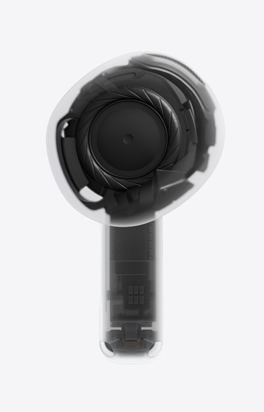AirPods 5, audífono, parte inferior, transparente, arquitectura interna