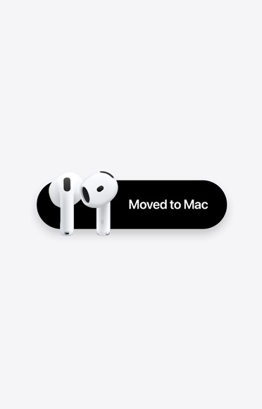 AirPods 5 ‑kuulokkeet viestin vieressä, jossa lukee: ”Siirretty Maciin”
