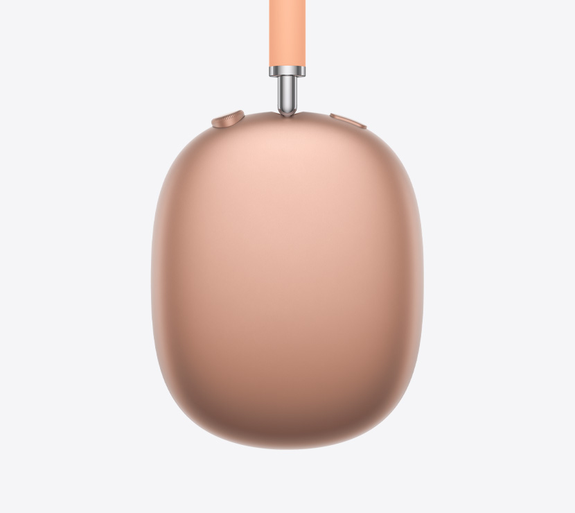 AirPods Max 2 kõrvaklapid, külgvaade, oranžis toonis, teleskoopvarre detail, kõrvapadjad, Digital Crown ja müra reguleerimise nupp