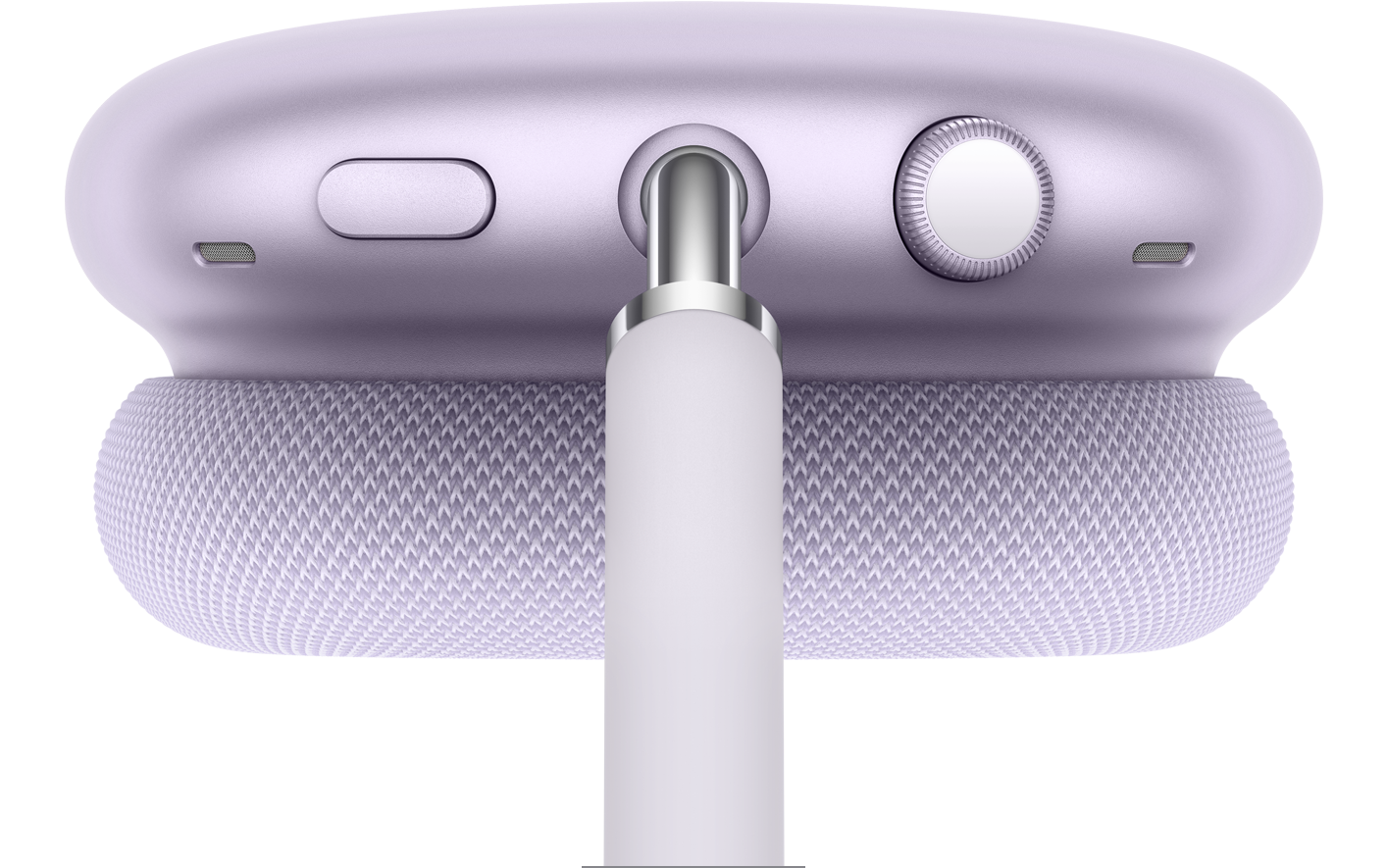 Lillas toonis AirPods Max 2 kõrvaklapid, ülaosa, müra reguleerimise nupu ja läbikuuldavusrežiimi detail