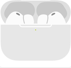 Boceto de los AirPods Pro 3 dentro de un estuche de carga MagSafe (USB-C), diseño redondeado del estuche, indicador LED de carga, tapa de estuche abierta, ancho en centímetros