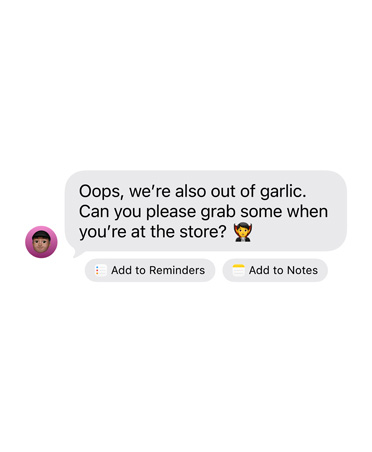 iMessage recebido com dois botões de ação sugeridos: Adicionar aos Lembretes e Adicionar às Notas